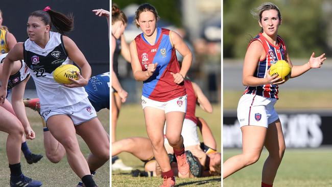 Southport Sharks player Poppy Boltz, UQ’s Ava Seton and Wilston Grange star Annabel Pettigrew in action. Pictures: Mike Batterham and Highflyer Images