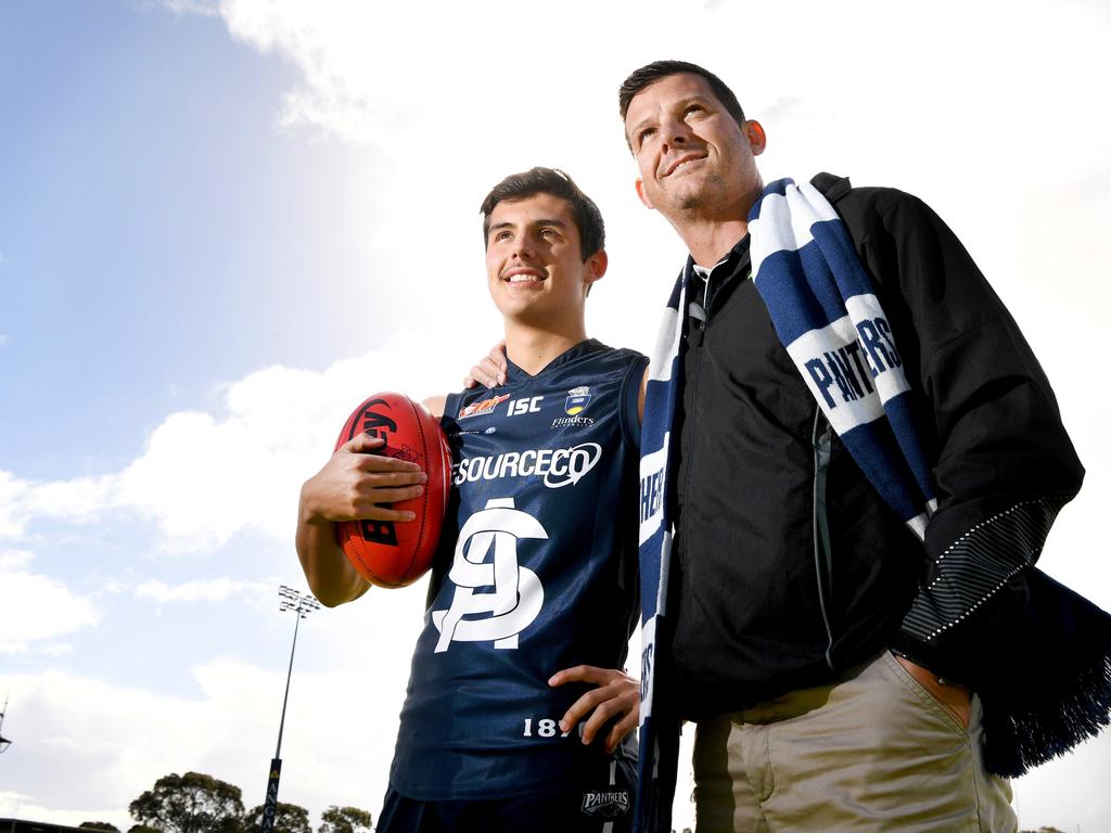 South Adelaide draft prospect Hayden Sampson with his dad Clay Sampson, a former AFL player and Crows premiership player. They are pictured at Hickenbotham Oval. Picture: Tricia Watkinson