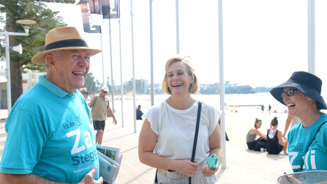 Independent candidate for Warringah Zali Steggall campaigning with her father Jack Steggall in Manly. Picture: AAP/Jeremy Piper