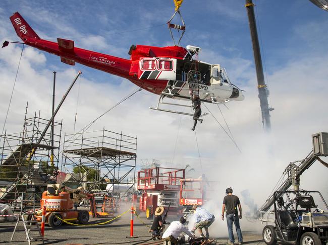 Filming on San Andreas, starring Dwayne ‘The Rock’ Johnson, at Village Roadshow Studios. Picture: Supplied Village Roadshow Studios.