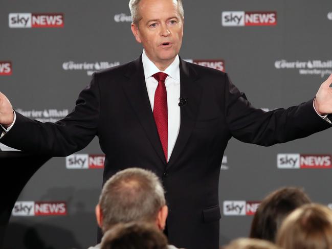 Labor leader Bill Shorten holds the crowd’s attention with an emotional question at his People’s Forum debate with Prime Minister Scott Morrison in Brisbane. Picture: Gary Ramage/News Corp Australia