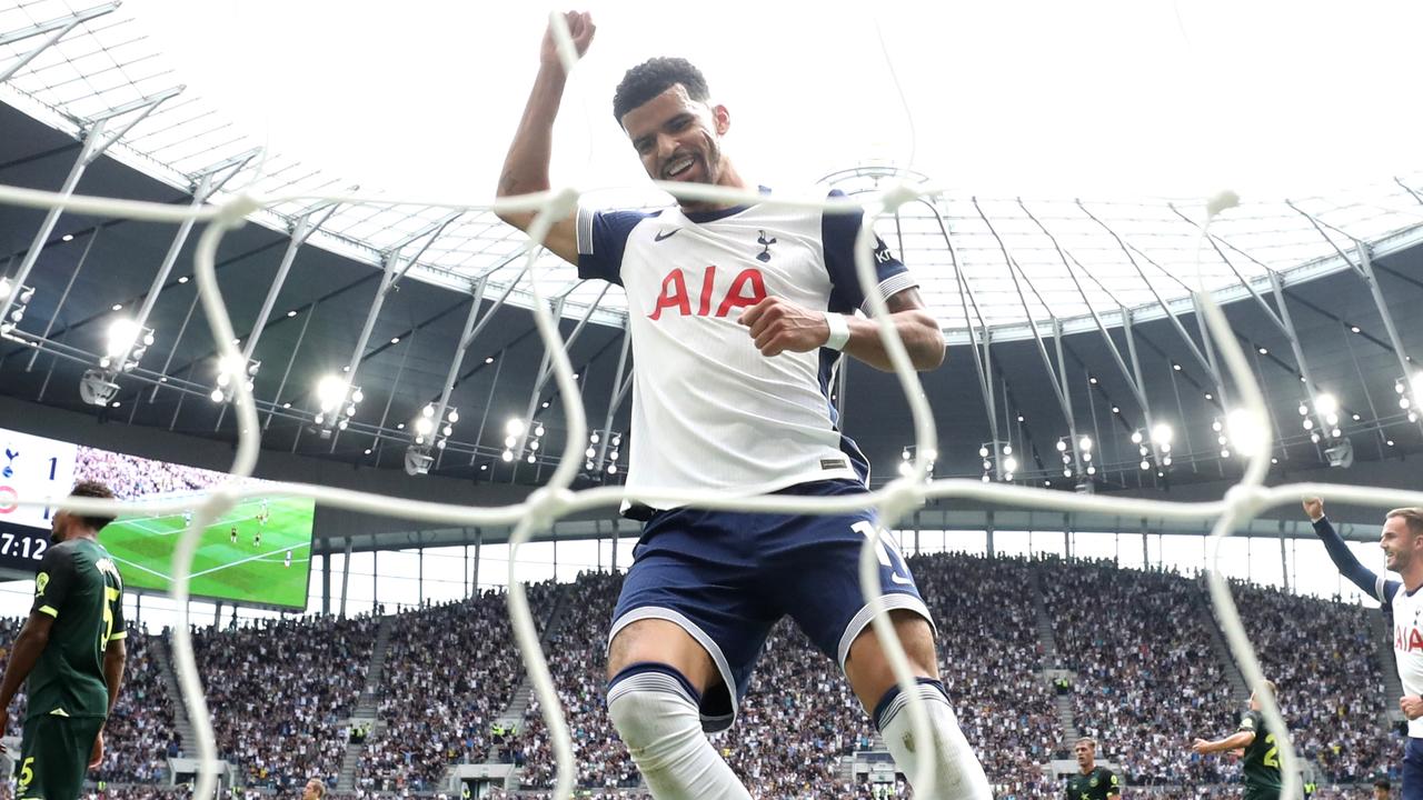 Dominic Solanke celebrates his first Premier League goal for Spurs against Brentford.