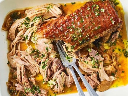 Slow cooker garlic butter pulled pork.