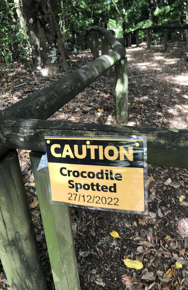 A sign at the Anglers Parade beach entrance at Blacks Beach about a crocodile sighting on December 27, 2022. Picture: Facebook