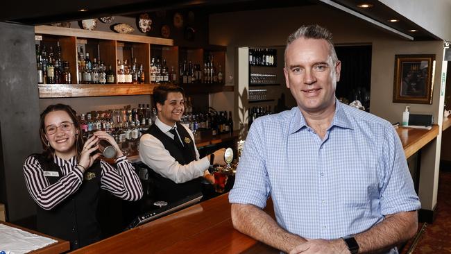 Hadley's Orient Hotel chief executive Ben Targett alongside staff members Amelia Johnson and Brandon Kelly. Picture: Zak Simmonds