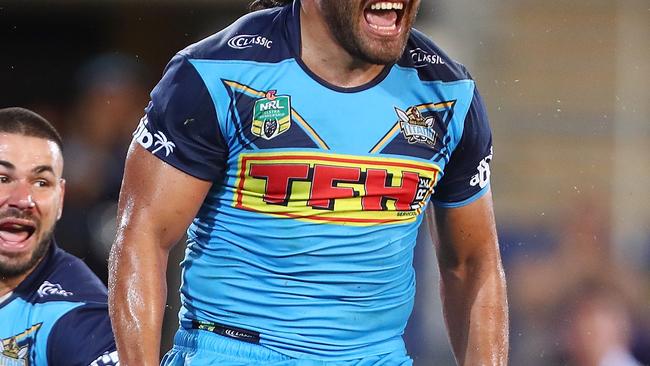 GOLD COAST, AUSTRALIA - MARCH 11: Konrad Hurrell of the Titans celebrates after scoring a try to win the round one NRL match between the Gold Coast Titans and the Canberra Raiders at Cbus Super Stadium on March 11, 2018 in Gold Coast, Australia. (Photo by Chris Hyde/Getty Images)