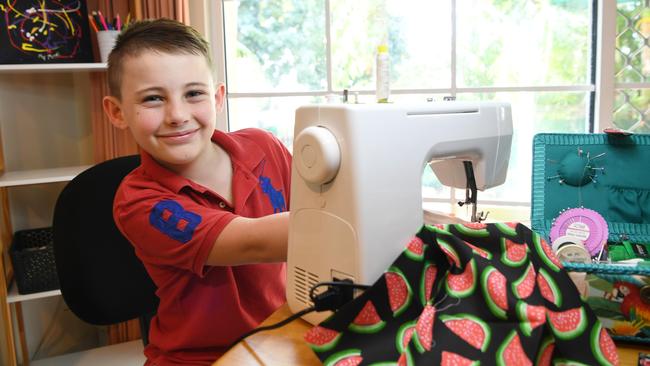 Angus Copelin-Walters, 10, has spent the lock down learning how to sew in order to make coasters and walking frame bags for the elderly. Picture: Katrina Bridgeford.