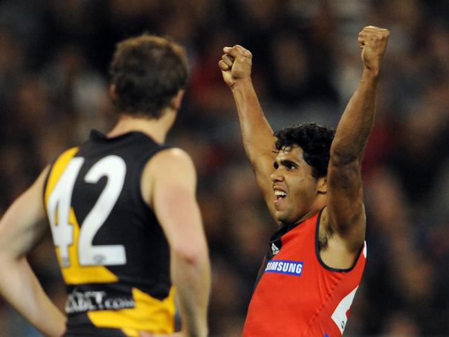 Alwyn Davey Snr celebrates a Dreamtime goal against Richmond.