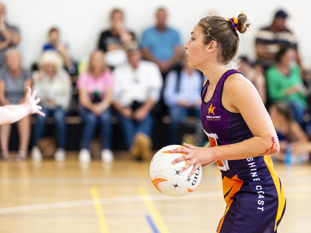 Ava Guthrie of Sunshine Coast against Darling Downs in Queensland School Sport 13-15 Years Girls Netball Championships at The Clive Berghofer Sports Centre, The Glennie School, Friday, May 6, 2022. Picture: Kevin Farmer