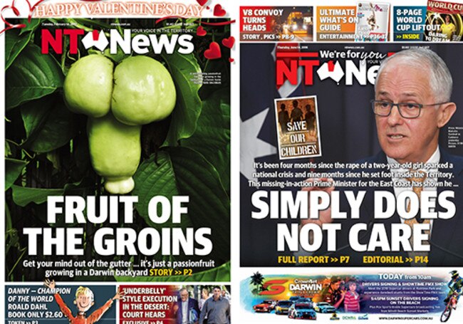 Best of the NT News front pages: "Fruit of the groins" and "Simply does not care".