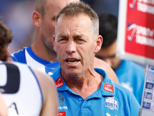 ADELAIDE, AUSTRALIA - APRIL 15: Alastair Clarkson, Senior Coach of the Kangaroos addresses his players during the 2023 AFL Round 05 match between the Brisbane Lions and the North Melbourne Kangaroos at Adelaide Hills on April 15, 2023 in Adelaide, Australia. (Photo by Michael Willson/AFL Photos via Getty Images)