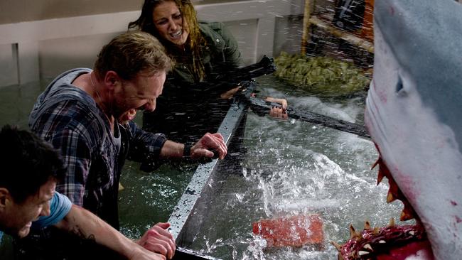 Ian Ziering, second left, in action against a shark in the original &lt;i&gt;Sharknado&lt;/i&gt;.