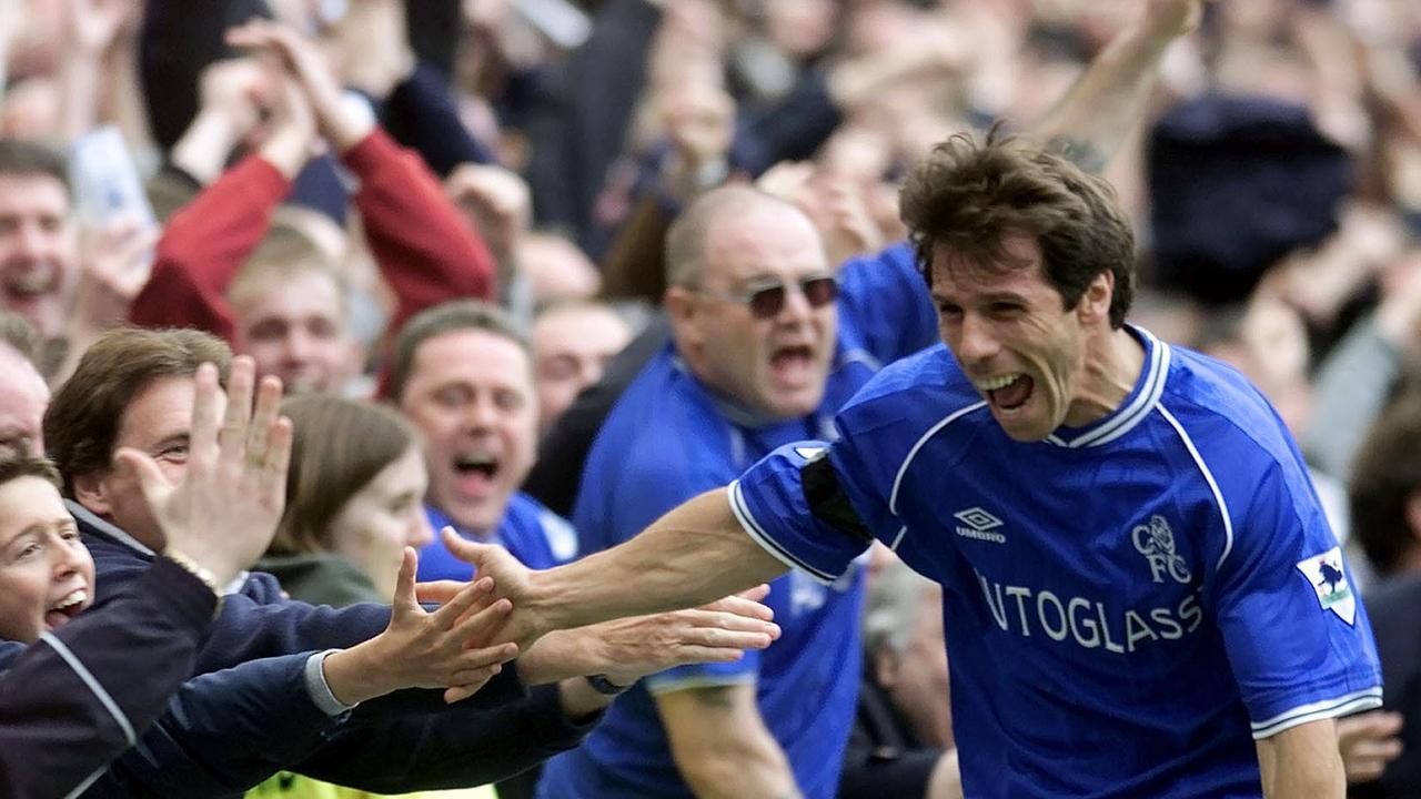 Gianfranco Zola celebrates with the fans after scoring for Chelsea in 2001.