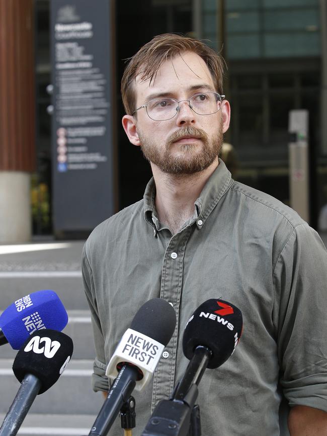 Zack Schofield speaks outside Newcastle Local Court Picture: John Appleyard