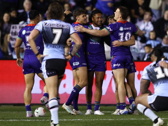 SYDNEY, AUSTRALIA - JUNE 07: Adam Pompey of the Warriors celebrates scoring a try during the round 14 NRL match between Cronulla Sharks and New Zealand Warriors at Sharks Stadium on June 07, 2025 in Sydney, Australia. (Photo by Jason McCawley/Getty Images)