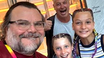 Jack Black poses for a selfie with Kate Waterhouse’s husband Luke Ricketson and their daughters Sophia and Grace at the Langham Hotel. Picture: Instagram