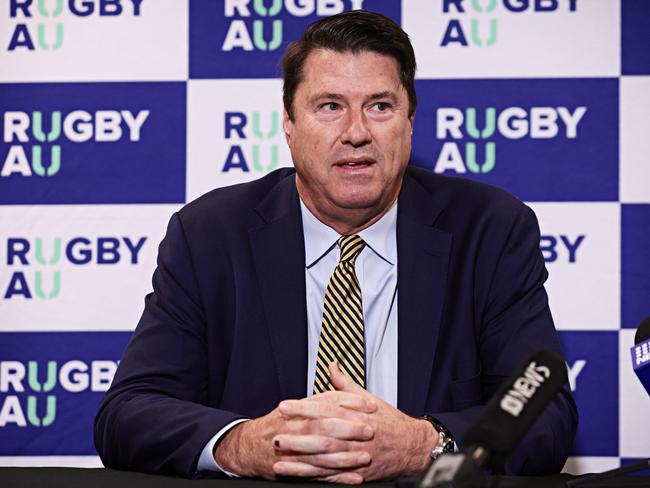 DAILY TELEGRAPH JUNE 4, 2023. Chairman Hamish McLennan of Rugby Australia speaking at a press conference at Alianz stadium more park. Picture: Adam Yip