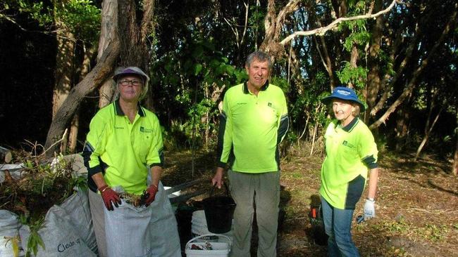 MIGHTY EFFORT: Rochelle Gooch and her team weeding the entrance to Peregian Beach. Picture: Peter Gardiner