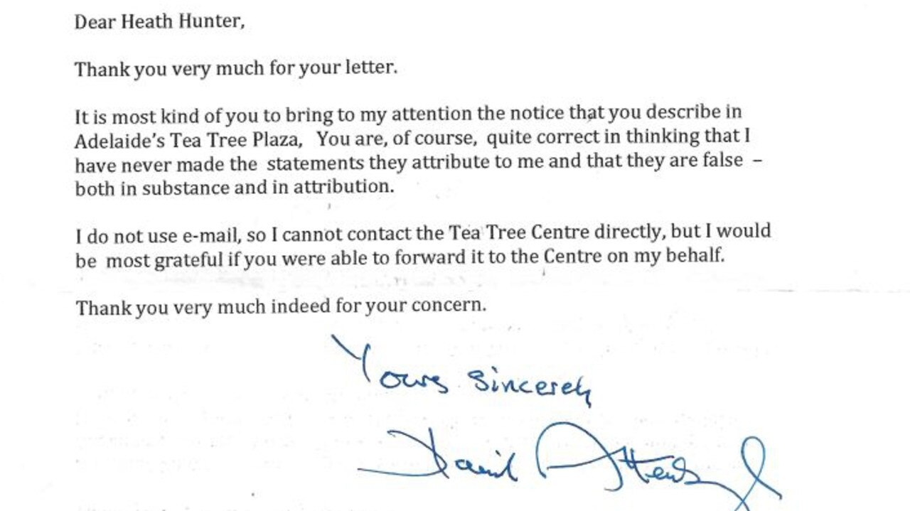 The letter from Sir David Attenborough to Heath Hunter. Picture: Supplied