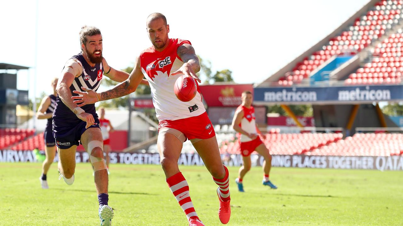 Lance Franklin kicks the ball in match against Fremantle.Picture: Kelly Defina/Getty Images