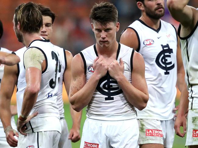 Dejected Carlton Sam Walsh after the AFL match GWS Giants and Carlton Blues at Giants Stadium. Picture. Phil Hillyard