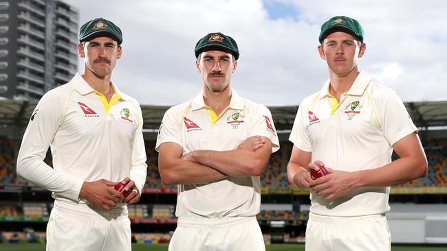 Australian fast bowlers Mitchell Starc, Pat Cummins and Josh Hazlewood. Pic Peter Wallis