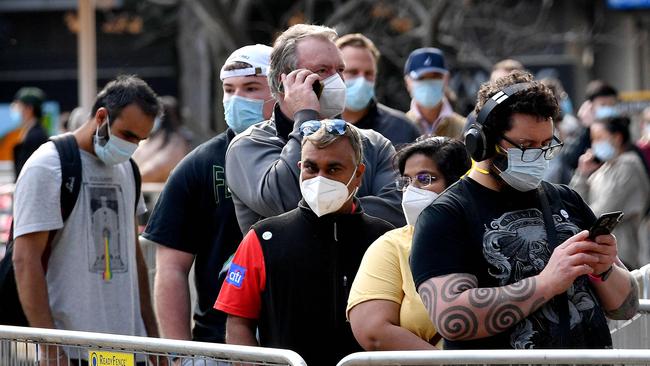 Vaccination lines in Sydney. Picture: AFP