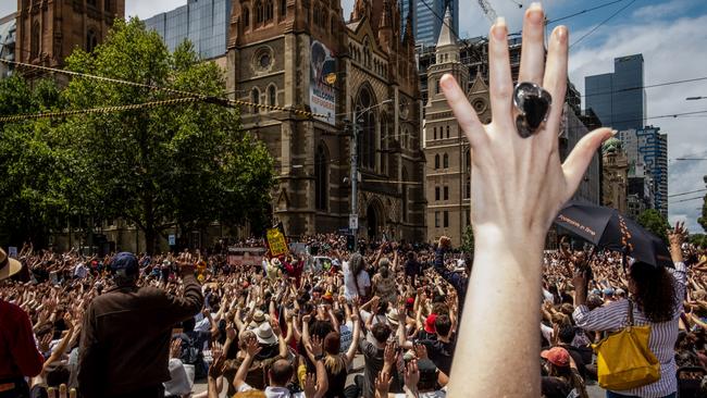 Protesters gather at the Flinders Street in Melbourne. Picture: Getty.