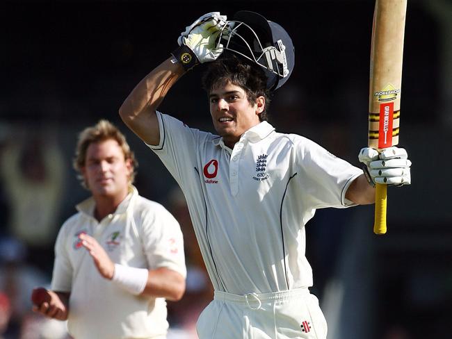 Shane Warne applauds as Alastair Cook celebrates reaching his century during day four of the third Ashes Test at the WACA in December 2006. Picture: Paul Kane/Getty Images