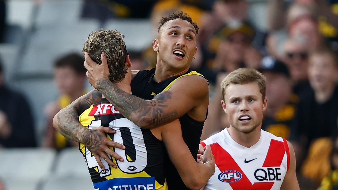 MELBOURNE, AUSTRALIA - MARCH 31: Tyler Sonsie (left) and Shai Bolton of the Tigers celebrate during the 2024 AFL Round 03 match between the Richmond Tigers and the Sydney Swans at the Melbourne Cricket Ground on March 31, 2024 in Melbourne, Australia. (Photo by Michael Willson/AFL Photos via Getty Images)