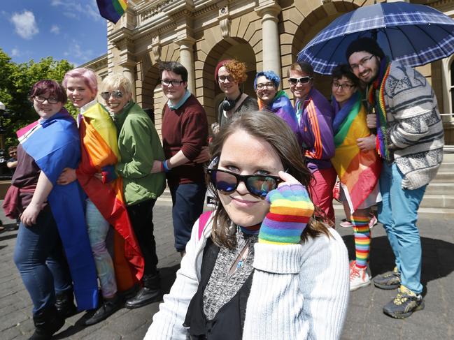 TasPride Festival. launch at the Hobart Town Hall, picture of people dressed in colour ready to party , with Rachael Kaye of Lutana in front,