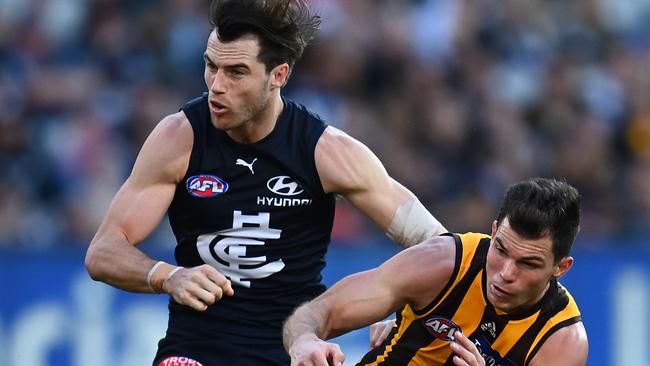 Lachie Plowman will serve a two-match ban for his hit on Jaeger O'Meara. Picture: Getty Images