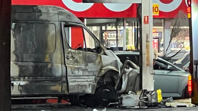 Late on Friday night emergency services were called to a fire at the Pease St Coles servo after a van crashed into a petrol bowser. Picture: Supplied