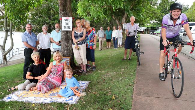 Lower River Terrace local residents including Dave Russell, Michael Crowther, and Anne Sutton protest the loss of trees for a bikeway project. Picture: Liam Kidston