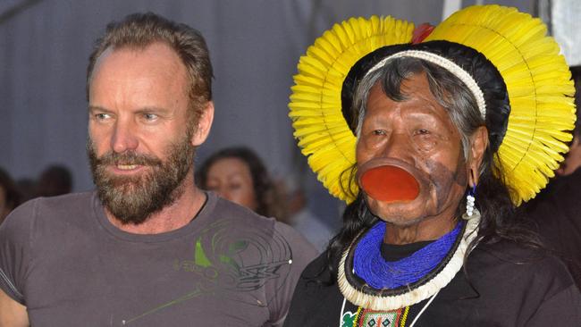 British singer and activist Sting with Brazilian indigenous chief Raoni in 2009. Picture: AFP