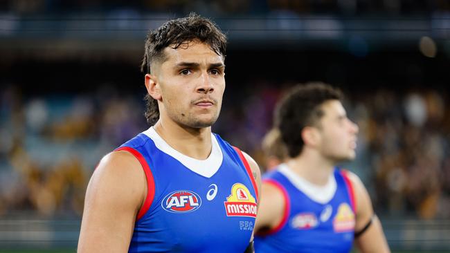 Jamarra Ugle-Hagan of the Bulldogs looks dejected after a loss during the 2024 AFL Second Elimination Final match between the Western Bulldogs and the Hawthorn Hawks at The Melbourne Cricket Ground on September 06, 2024 in Melbourne, Australia. (Photo by Dylan Burns/AFL Photos via Getty Images)