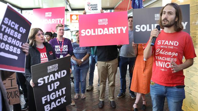 Protestors led by Tom Gilchrist outside Fun Tea in Gouger Street, where a girl was allegedly assaulted on February 4. Picture Dean Martin