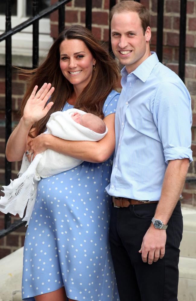 Kate Middleton wore a pale blue dress with white polka dots after the birth of Prince George.