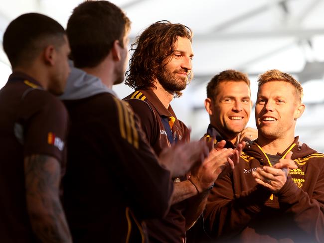 Hawthorn players greet the large crowd at Princes Wharf in Hobart. Picture: SAM ROSEWARNE