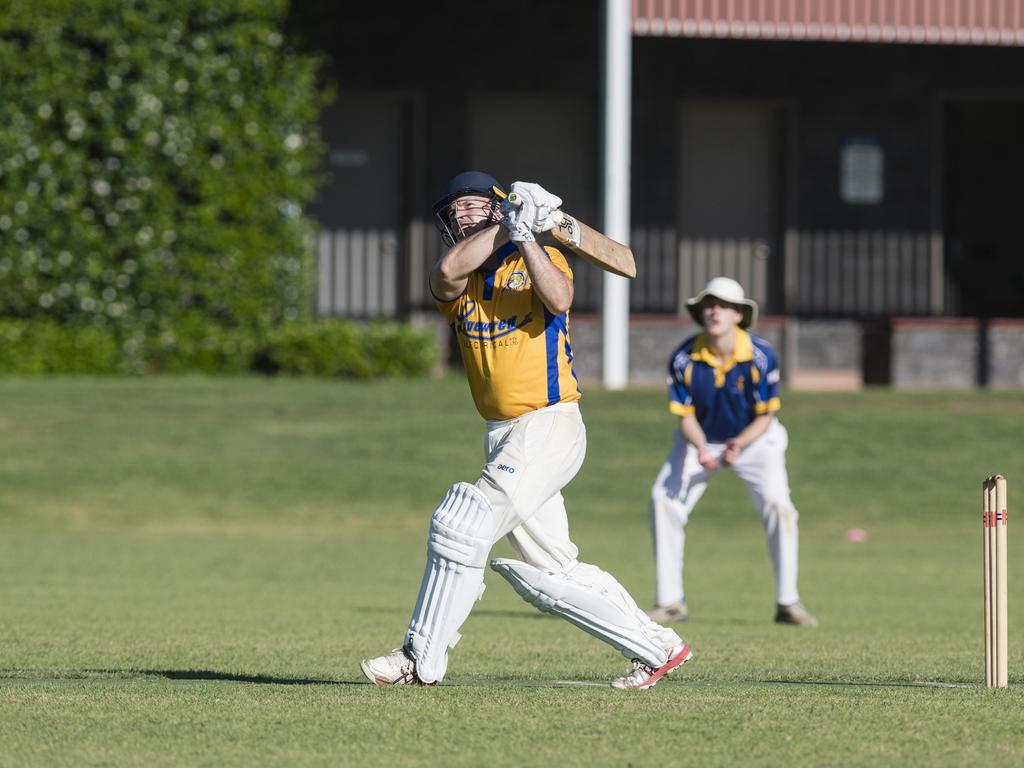 Stuart Moar scores four runs for Northern Brothers Diggers Gold batting against University Bush Chooks in Toowoomba Cricket C Grade One Day semi final at Godsall St East oval, Saturday, December 9, 2023. Picture: Kevin Farmer