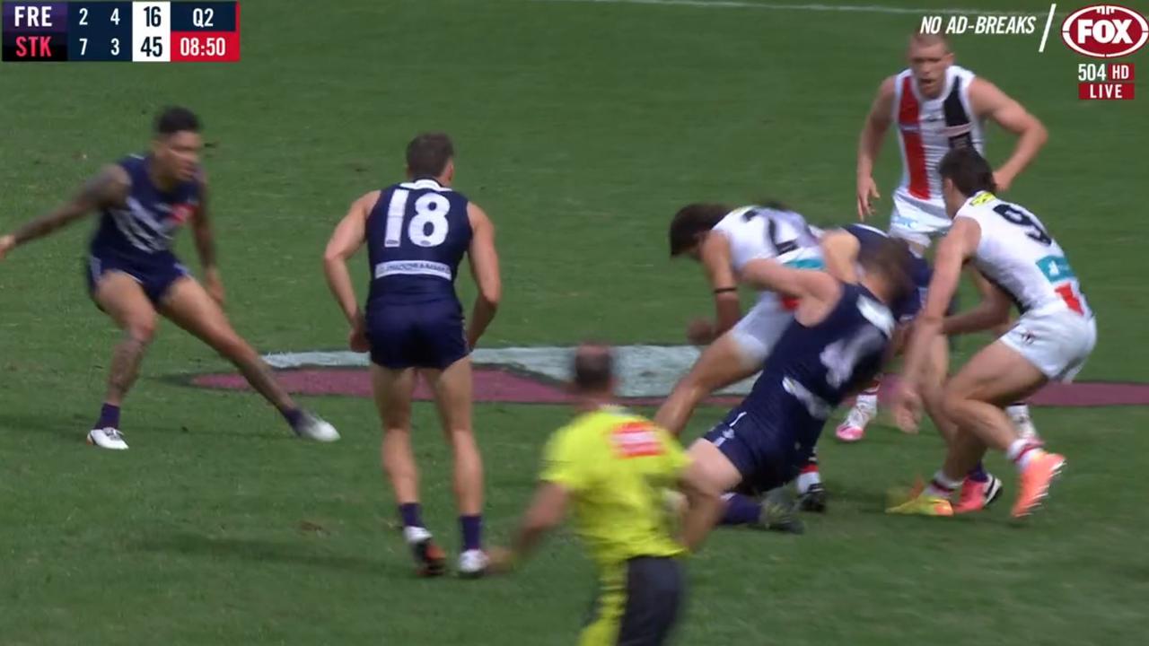 St Kilda's Ben Long was reported for this bump on Fremantle's Sean Darcy.