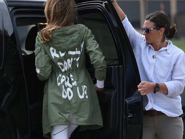 The controversial jacket worn to the US border. Picture: by MANDEL NGAN / AFP.