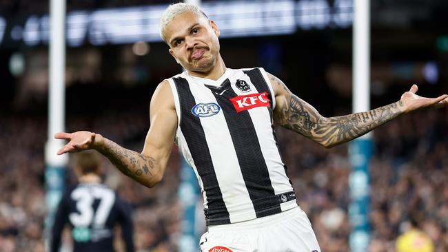 MELBOURNE, AUSTRALIA - MAY 03: Bobby Hill of the Magpies celebrates a goal during the 2024 AFL Round 08 match between the Carlton Blues and the Collingwood Magpies at The Melbourne Cricket Ground on May 03, 2024 in Melbourne, Australia. (Photo by Michael Willson/AFL Photos via Getty Images)