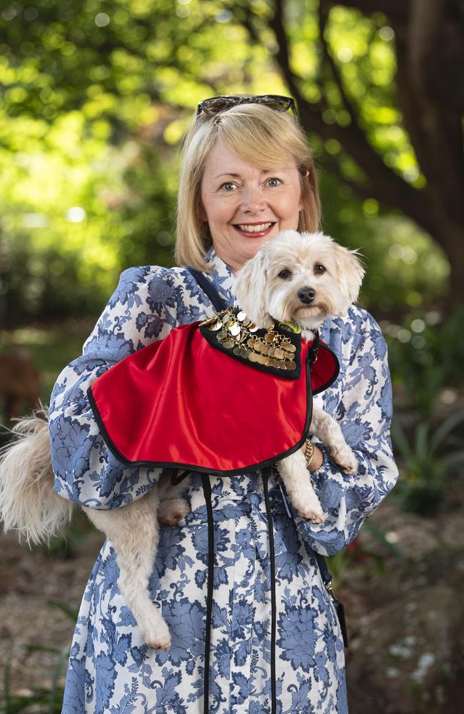 Lisa McDonald with Luca wearing his mayoral robe at the Blessing of the Pets at All Saints Anglican Church, Saturday, October 12, 2024. Picture: Kevin Farmer