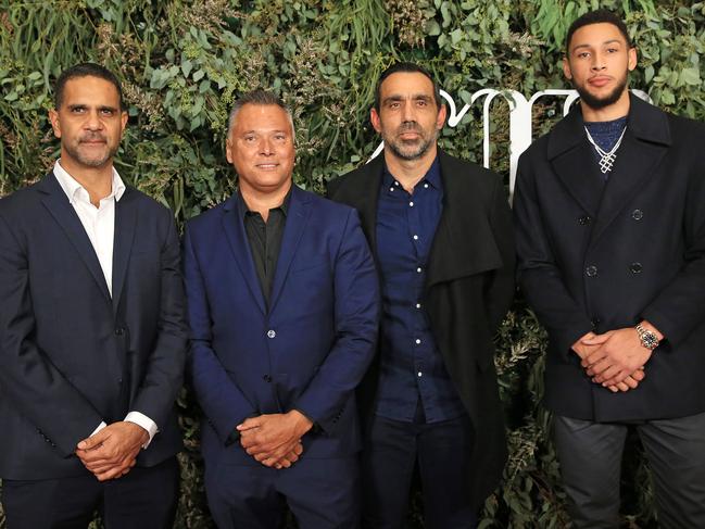 Michael O’Loughlin, Stan Grant, Adam Goodes and Ben Simmons arrive at the premiere. Picture: Mark Stewart