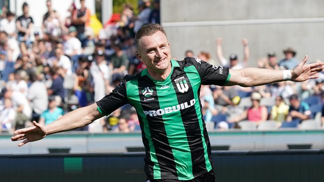 Besart Berisha celebrates one of his goals against Melbourne Victory on Sunday.