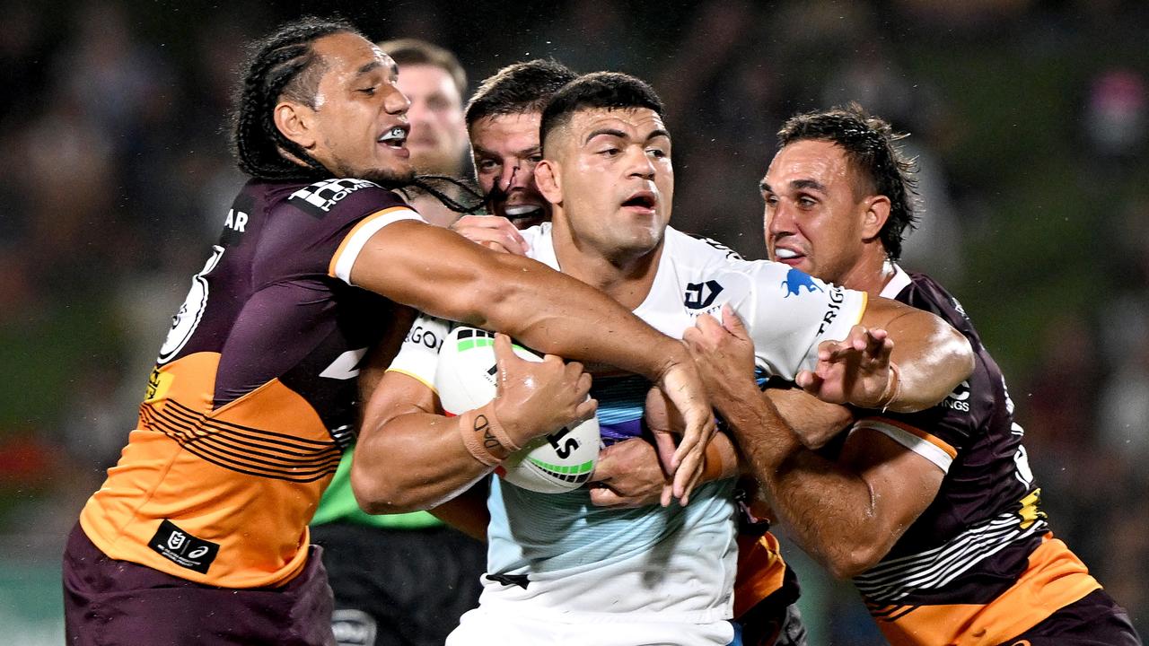 David Fifita on the charge for the Titans. Picture: Bradley Kanaris/Getty Images