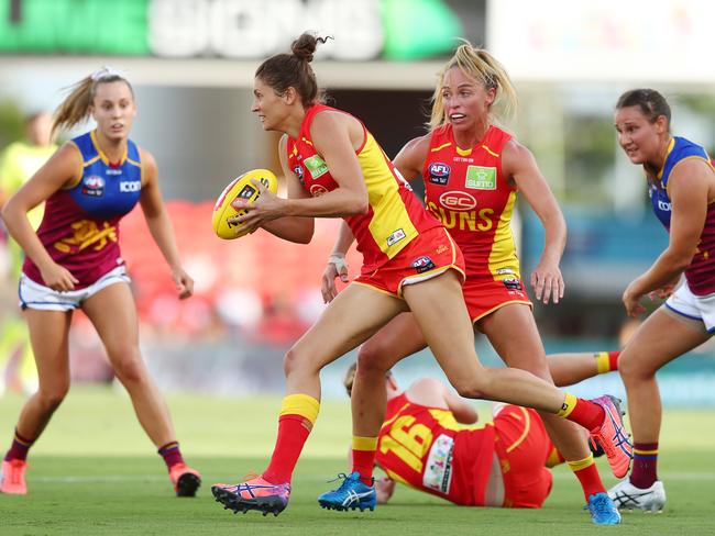 Pints football and netball star Jasmyn Hewett – pictured playing for the Suns against Brisbane in the AFLW on February 22 – is excited at the prospect of winning the 2020 Darwin Netball Grand Final against Nightcliff on Friday night. She then wants to cap a great weekend by helping the Queenants to a victory over her former club St Mary’s in Round 2 of the NTFL Women’s Premier League on Saturday. Picture: Chris Hyde/Getty Images