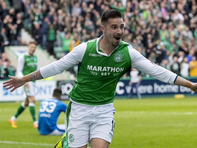 13th May 2018, Easter Road, Edinburgh, Scotland; Scottish Premier League football, Hibernian versus Rangers; Jamie Maclaren of Hibernian celebrates after scoring Hibs third goal (photo by Alan Rennie/Action Plus via Getty Images)