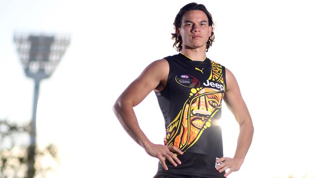 Daniel Rioli models Richmond’s 2017 Dreamtime guernsey. Picture: Alex Coppel